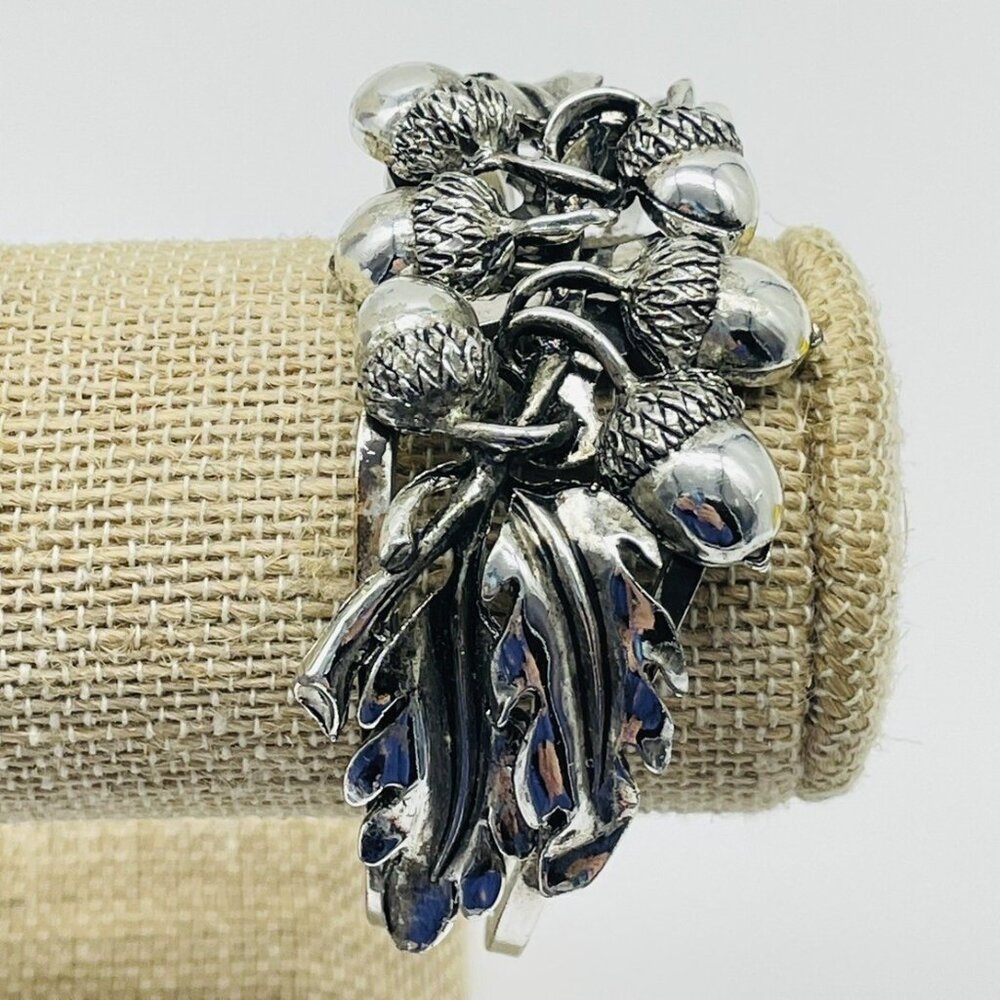 Vintage Silver Tone Acorn Clamper Bracelet Statement Nature